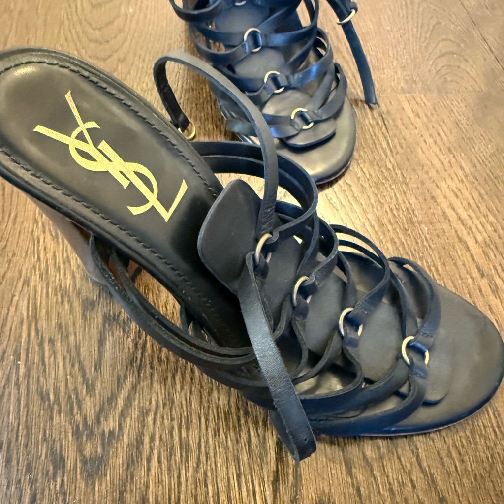 Ysl. Yves Saint Laurent Black Leather Strap It Heels Sandals Size 38